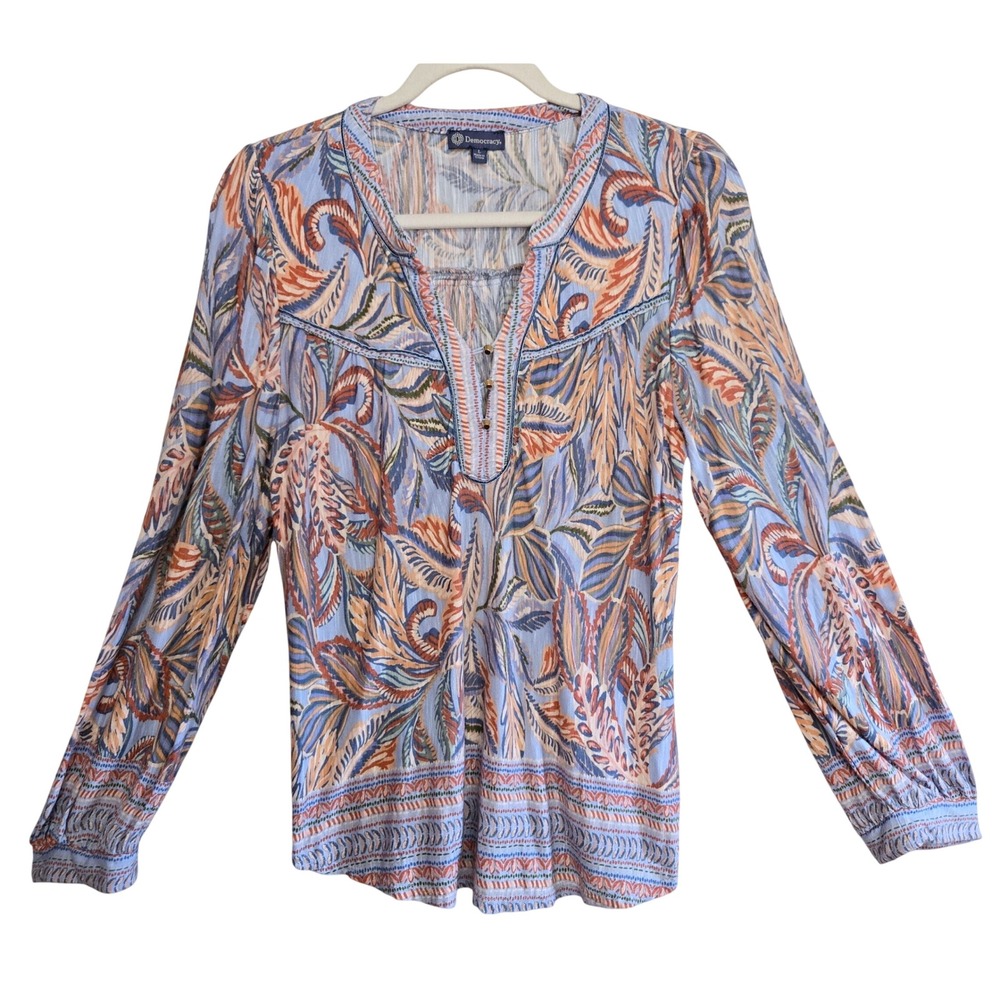 Democracy Womens L Floral Blue Orange Tropical Paisley Henley Blouse Boho Top